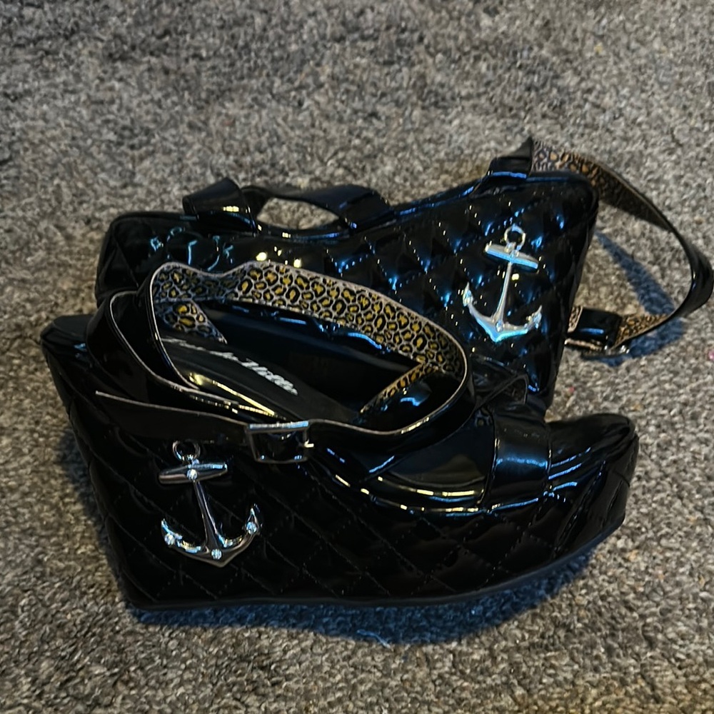 Lux de Ville Black Wedge Shoes with Silver Anchor Detail